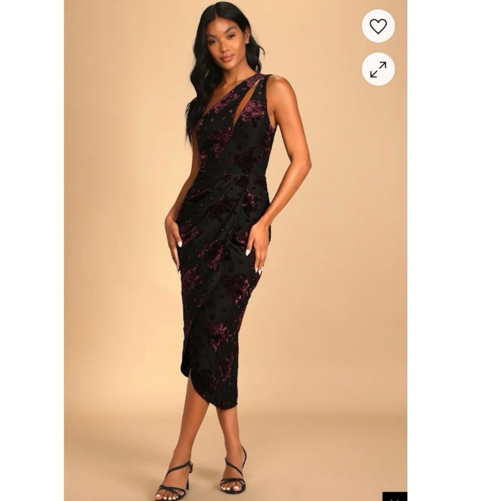 Lulus Drinks at Dusk Black Floral Burnout Velvet One-Shoulder Dress New